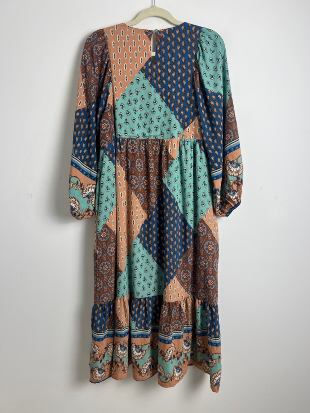 &Merci Small Warm Tone Patchwork V-Neck Long Puff Sleeve Bohemian Midi Dress - Picture 3 of 11